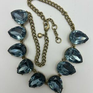 J Crew Blue Crystal Statement Necklace -Large Teardrop Rhinestone Collar Antique